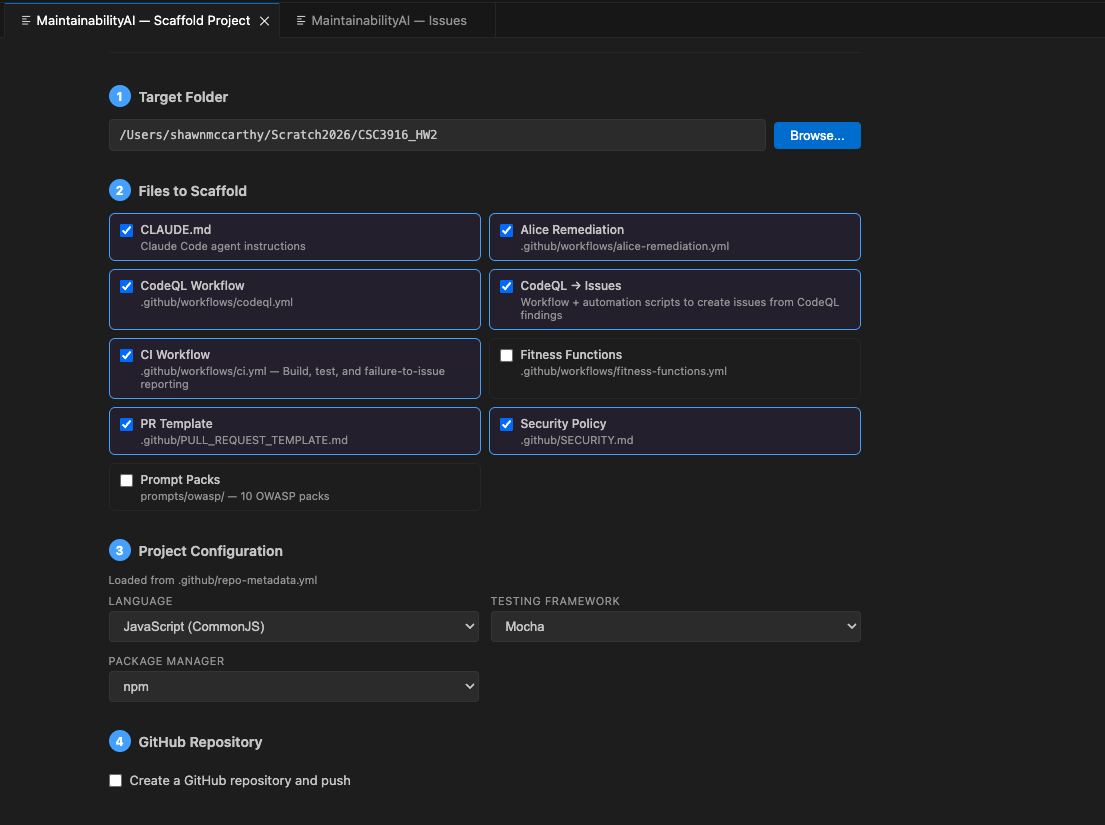 Cheshire Cat scaffolding OWASP prompt packs and security structure into a code repository