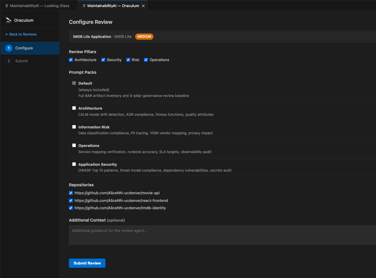 Oraculum review configuration with four-pillar selection, prompt packs, and multi-repo targeting